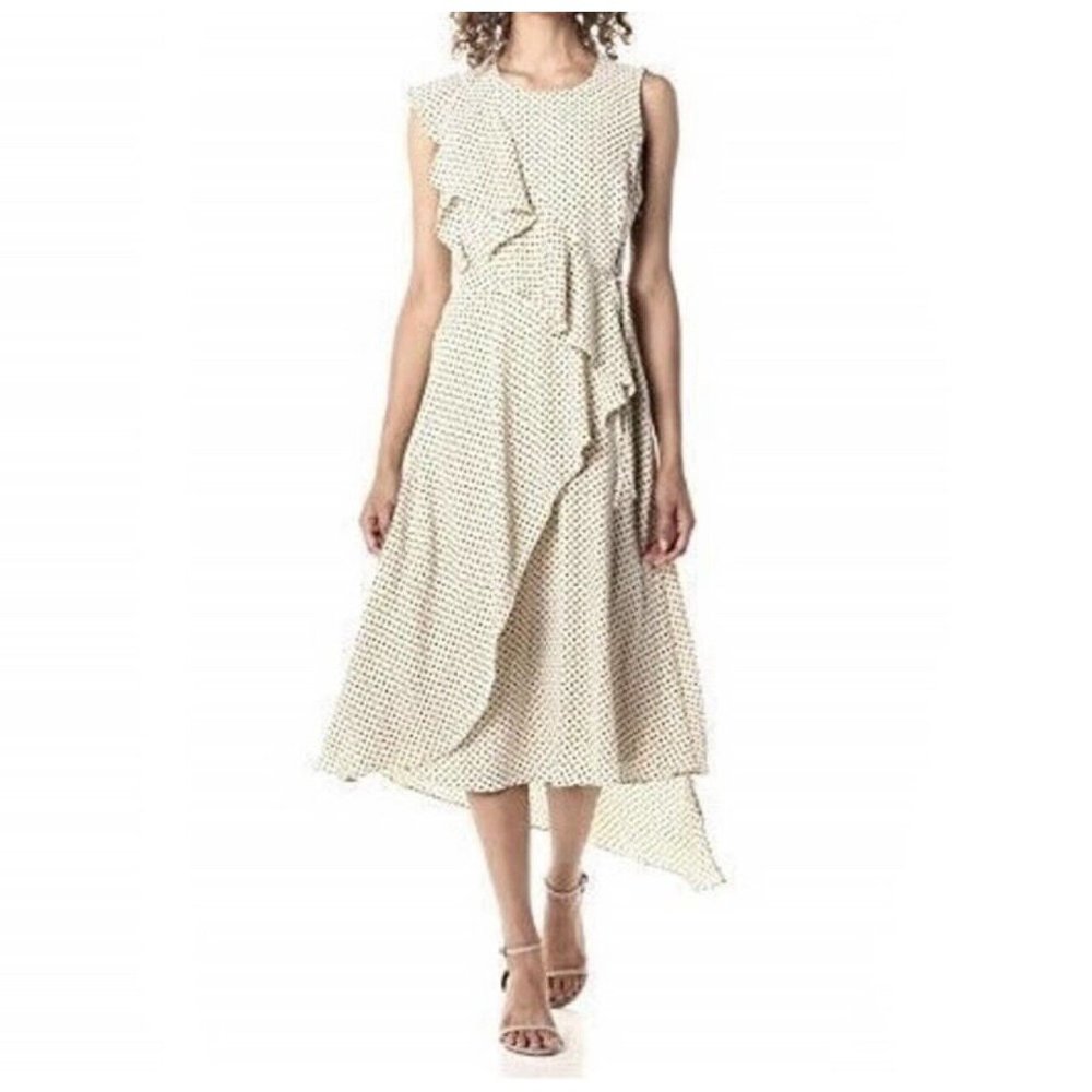 NWT BCBGMaxAzria Antique White Floral Dots Asymmetric Ruffle Dress Sz XL $248